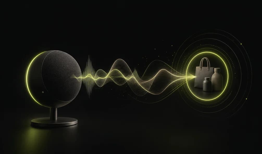 A voice waveform resolving into a product search